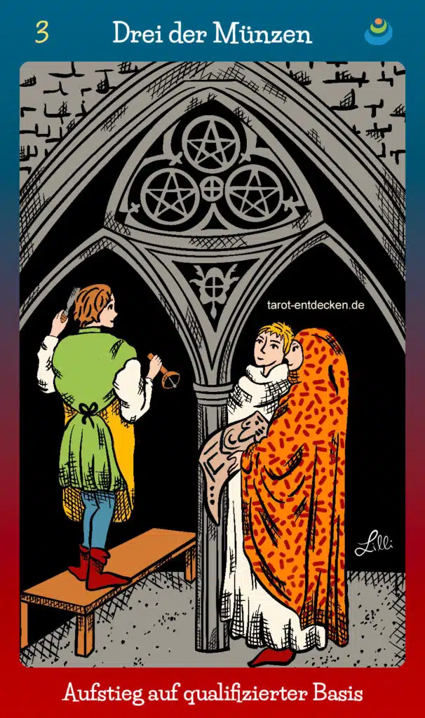 Tarotkarte "Drei der Münzen" bzw. 3 der Münzen im Tarot