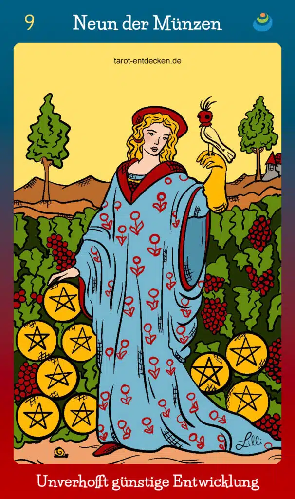 Tarotkarte "Neun der Münzen" bzw. 9 der Münzen im Tarot