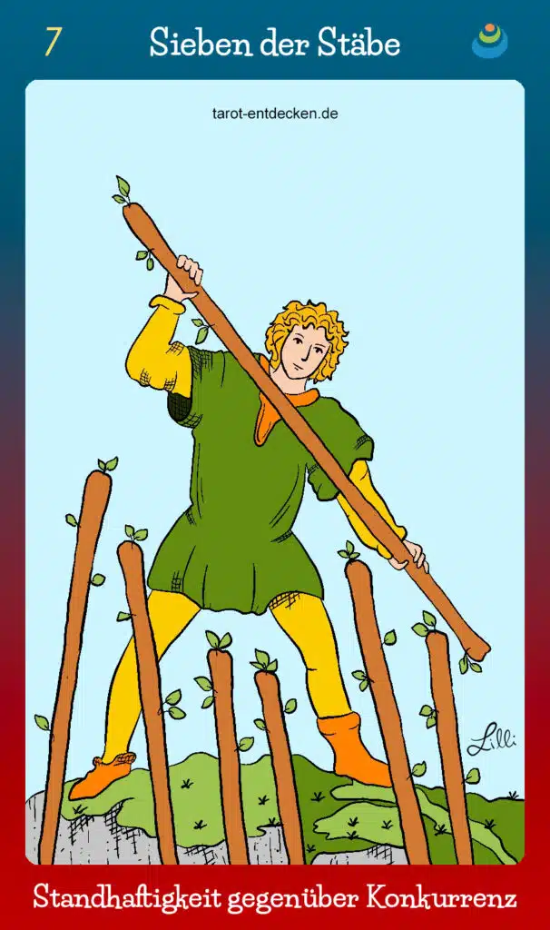 Tarotkarte "Sieben der Stäbe" bzw. 7 der Stäbe