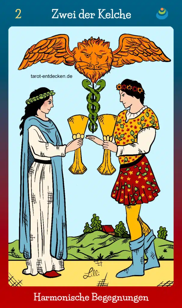 Tarotkarte "Die Zwei der Kelche" bzw. 2 der Kelche im Tarot